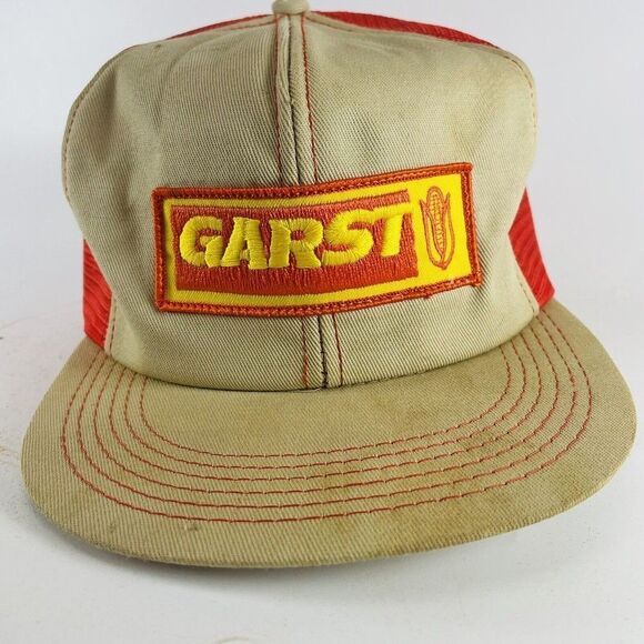 Garst Seed Corn Patch SnapBack Hat K-Products Farm Cap USA Tan Orange VTG Mesh - Picture 2 of 15